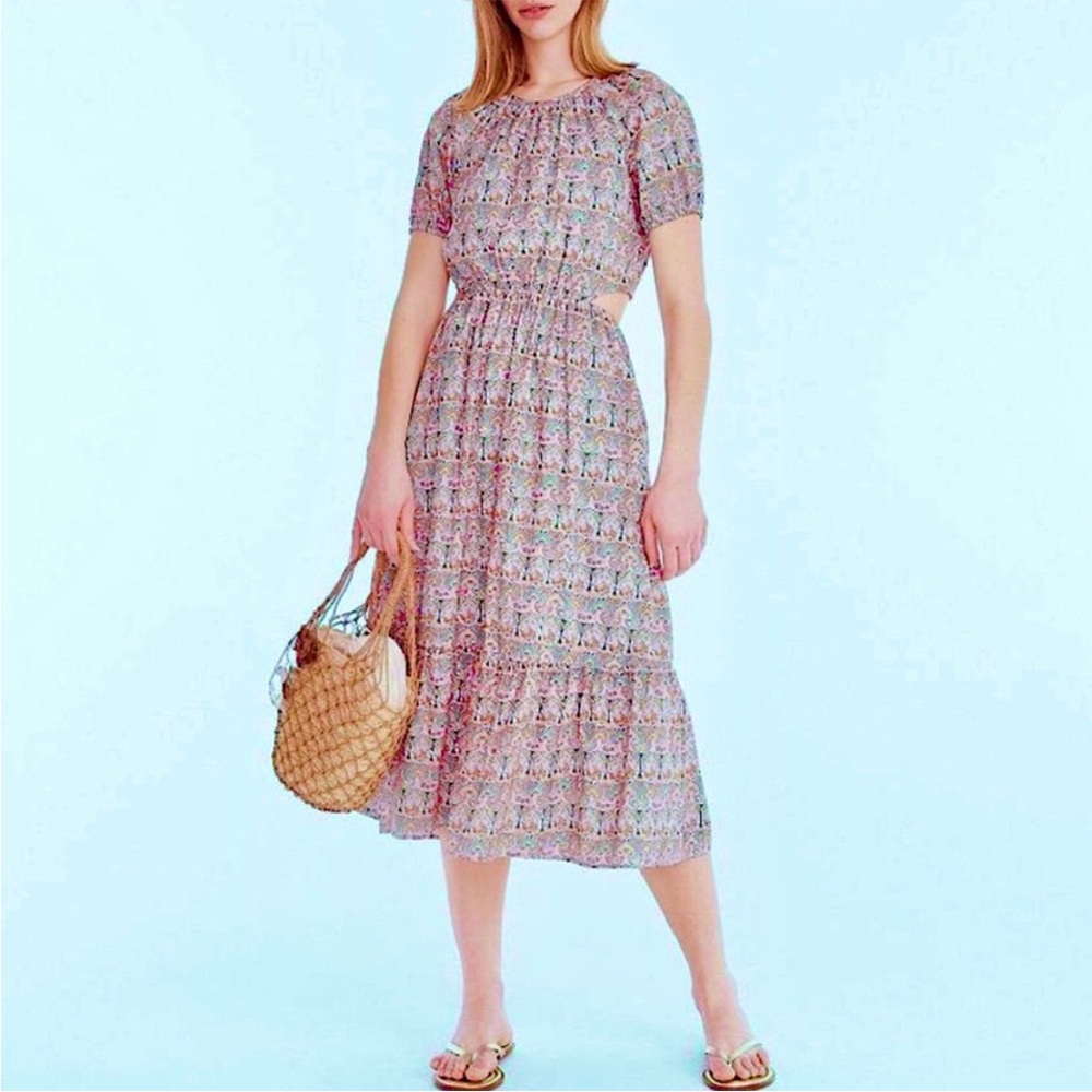 J. Crew Liberty Giorgia Duke Paisley Side Cut Out Puff Sleeve Midi Dress - 6